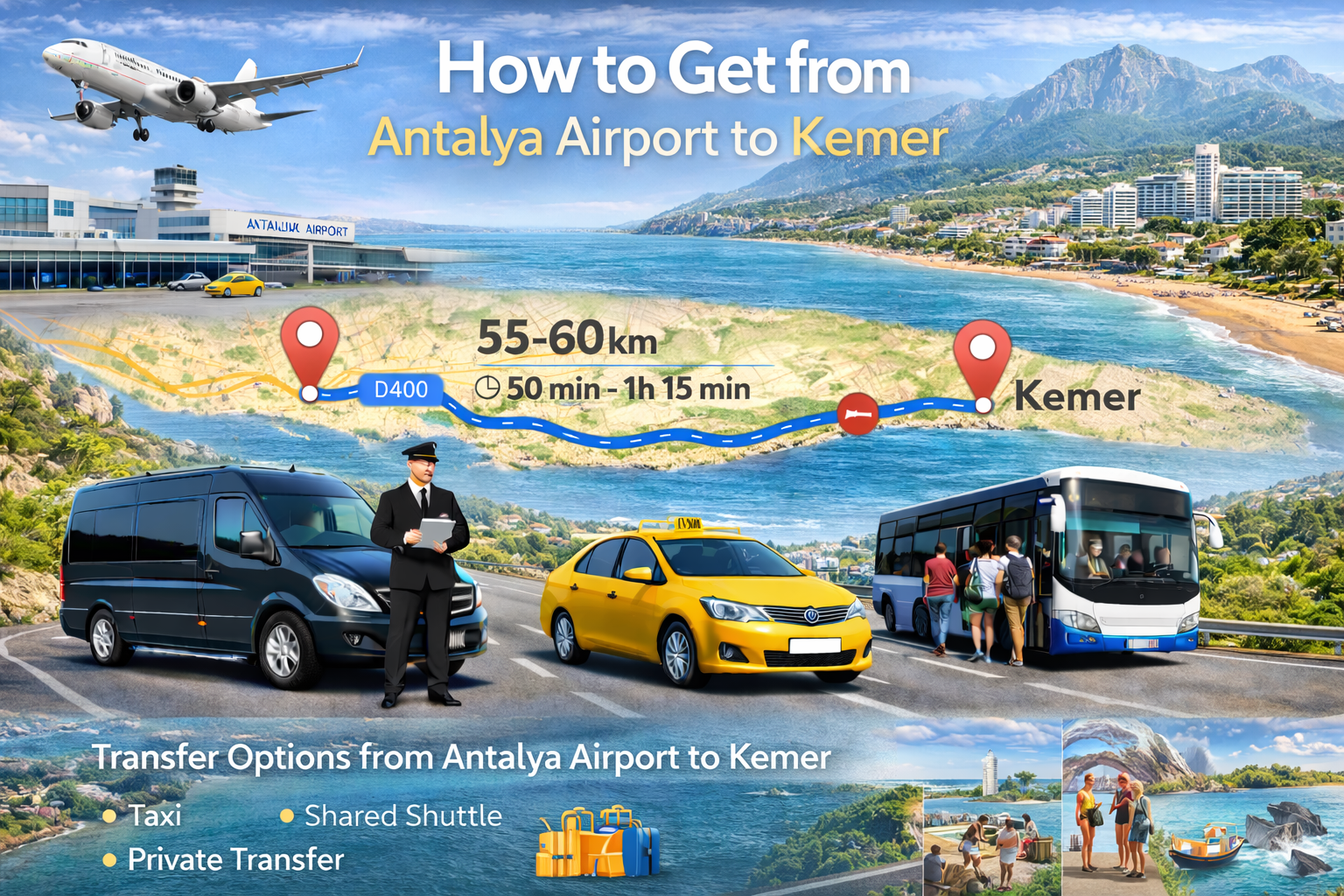 دليل النقل إلى فنادق كيمير | من مطار أنطاليا (AYT) إلى كيمير