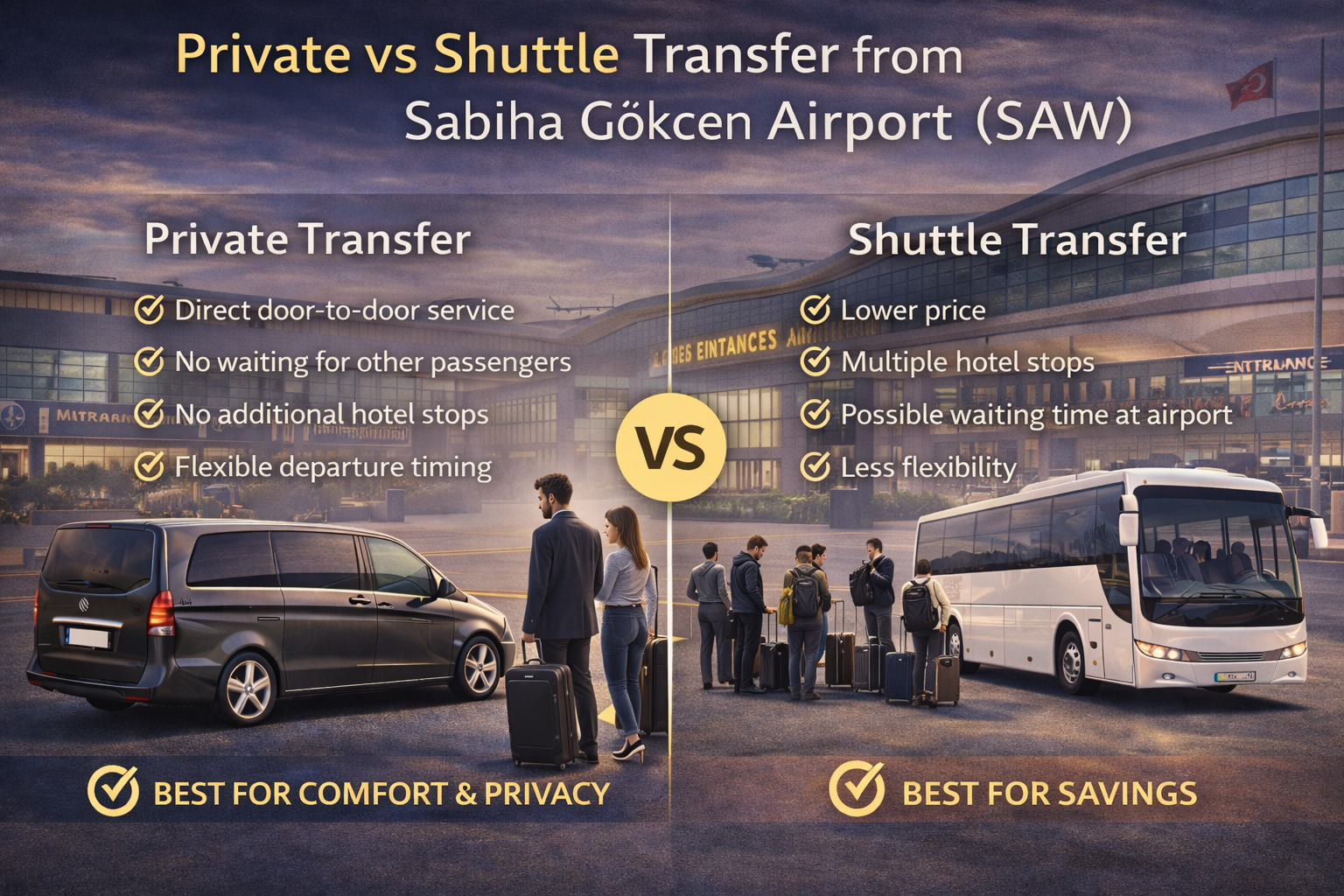 Privattransfer oder Shuttle vom Flughafen Sabiha Gökcen (SAW)?