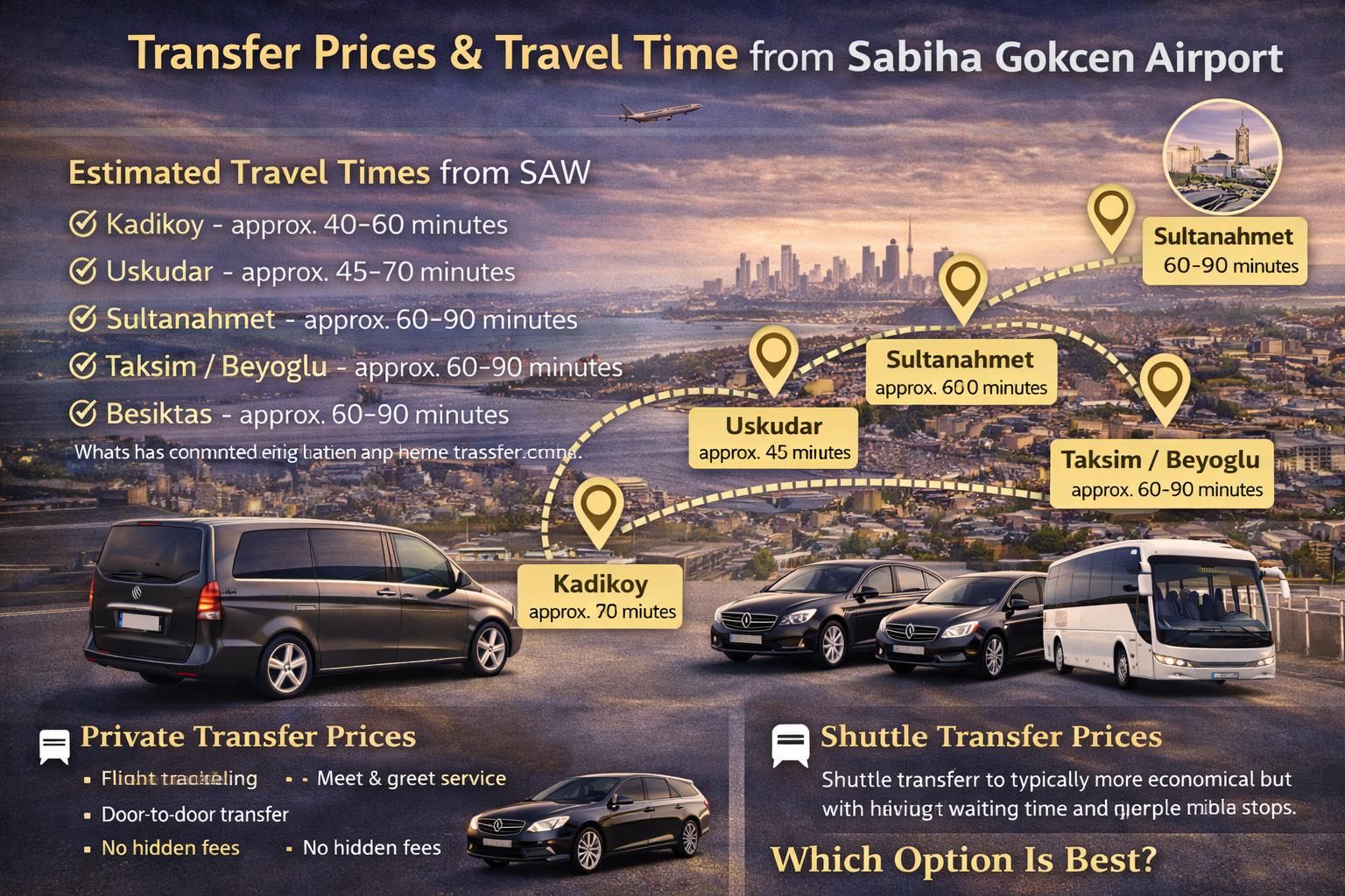Transferpreise & Fahrzeit ab Flughafen Sabiha Gökcen (SAW)
